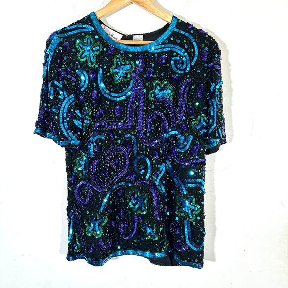 Vintage Laurence Kazar Sequin Beaded Silk Blouse - Small‎ - Picture 1 of 11